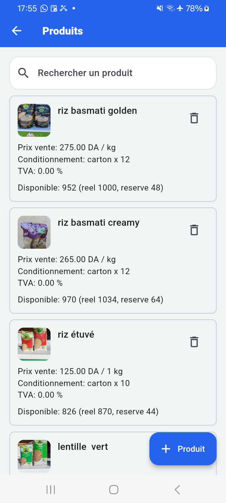 Capture réelle de la liste produits Comptoir Pro